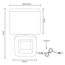 Stolní lampa, keramika chrom, textil bílý, kabel 1,4m, vypínač, DxŠxV: 20x12x32cm, bez žárovky 1xE14, max. 40W 230V.