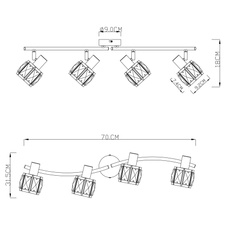 Stropní svítidlo, kov, bronzová, skleněné křišťály, kouřová, nastavitelné ramena, DxV: 70x18cm, bez žárovek 4xE14, max. 40W 230V.