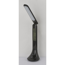 Nabíjecí stolní lampa, plast, černá, hodiny, kalendář, budík, s adaptérem, zapnutí dotykem, dotykový stmívač, včetně 3,7V 1200mAh Li-ion, ŠxV: 20x43cm, včetně 1xLED 4W 230V, 30-200lm, 4000K.