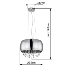 Závěsné svítidlo, chrom, sklo kouřové, skleněné křišťály průhledné, Ø35cm, V:120cm, bez žárovek 5xE14, max. 25W 230V