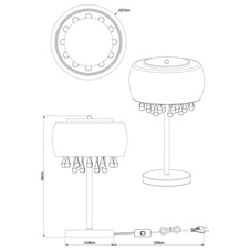 Stolní lampa, chrom, sklo kouřové, skleněné křišťály průhledné, kabel 1,5m, vypínač, Ø27cm, V:45cm, bez žárovek 3xG9, max. 28W 230V