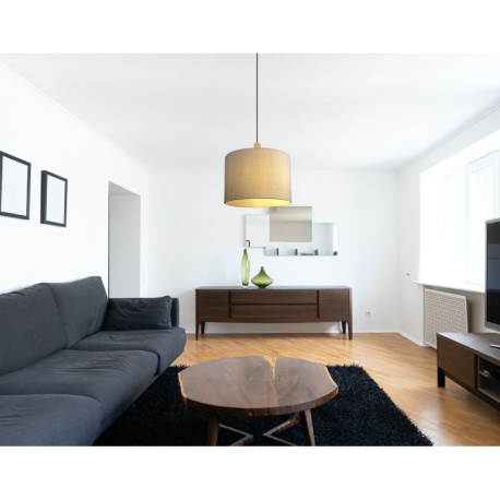 Závěsné svítidlo, kov černý, dřevo šedé, textil šedý, textilní kabel, Ø40cm, V:120cm, bez žárovky, 1xE27, max. 40W 230V