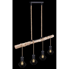 Závěsné svítidlo, kov černý, dřevo, konopné lano, DxŠxV: 1000x150x1200, bez žárovek 4xE27, max. 60W 230V