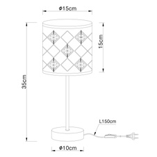 Stolní lampa, kov černý matný, textil černý, akryl, křišťály průhledné, stínítko uvnitř zlaté, vypínač, Ø15cm, V:35cm, bez žárovky 1xE14, max. 40W 230V