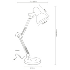 Stolní lampa, červený kov, plast, nastavitelné, kabel 1,5m vypínač, ŠxV: 40x59cm, bez žárovky 1xE27, max. 40W 230V.