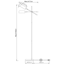 Stojanové svítidlo, kov, chrom, plast satinovaný, nastavitelná jedním kloubem, kabel 1,8m, vypínač, DxŠxV: 48x20x139cm, bez žárovky 1xE14, max. 25W 230V