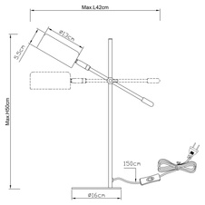 Stolní lampa, kov, chrom, plast satinovaný, nastavitelná s jedním kloubem, kabel 1,5m, vypínač, DxŠxV: 42x16x50cm, bez žárovky 1xE14, max. 25W 230V