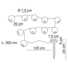 Barevné plastové solární svítidlo, součástí balení baterie AA 600mAh 1,2V, IP44, Ø75mm, délka kabelu 1200mm, vzdálenost mezi LED 200mm, délka přívodního kabelu 1200mm, vč.10x LED 0,06W 3,2V, 4000K