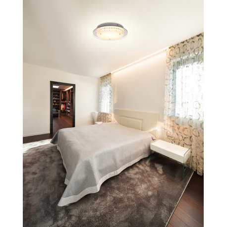 Stropní svítidlo, kov stříbrný, chrom, sklo opál, K9 křišťály průhledné, zrcadlo, Ø340, V: 80, včetně 1xLED 24W 230V, 1600lm, 3000K