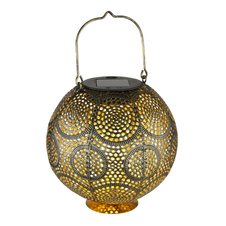 Solární svítidlo kovové zlaté barvy starožitné, ozdobné děrování, černý plast, vypínač, dobíjecí baterie součástí balení AA 200mAh 1,2V, IP44, na postavení nebo zavěšení, Ø185mm, V:280mm, vč. LED 0,06W 3V, 3000K