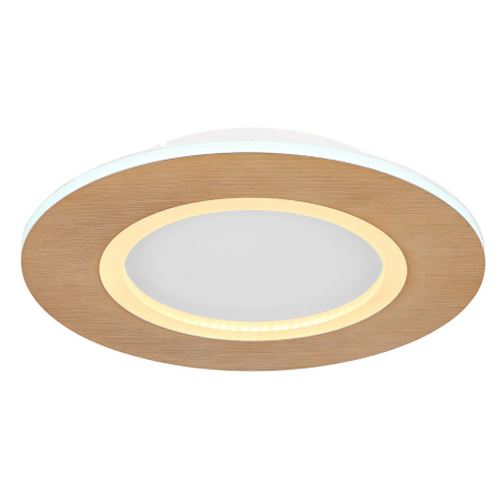 Stropní svítidlo kov bílý, akryl imitace dřeva, akryl bílý, Ø300mm, V:50mm, včetně LED 23,4W 230V, zdroj 2550lm, výstup 1370lm, CCT 2700-6500K, vnitřní LED 2700K, vnější LED 6500K