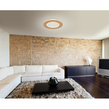 Stropní svítidlo kov bílý, akryl imitace dřeva, akryl bílý, Ø300mm, V:50mm, včetně LED 23,4W 230V, zdroj 2550lm, výstup 1370lm, CCT 2700-6500K, vnitřní LED 2700K, vnější LED 6500K