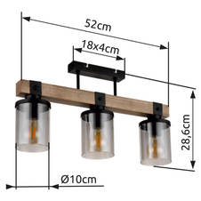 Stropní svítidlo kov černý matný, dřevo tmavě hnědé, sklo kouřové, kabel PVC černý, DxŠxV:520x100x286mm, bez žárovek 3xE27 60W 230V