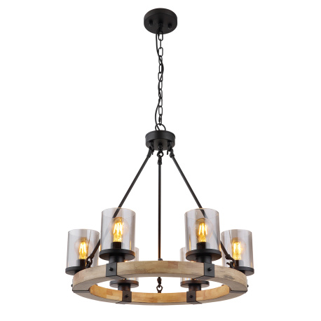 Závěsné svítidlo kov černý matný, dřevo tmavě hnědé, sklo kouřové barvy, kabel PVC černý, Ø:590 mm, V:980 mm, bez žárovek 6x E27 60W 230V