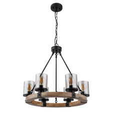 Závěsné svítidlo kov černý matný, dřevo tmavě hnědé, sklo kouřové barvy, kabel PVC černý, Ø:590 mm, V:980 mm, bez žárovek 6x E27 60W 230V