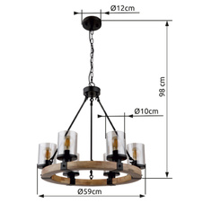 Závěsné svítidlo kov černý matný, dřevo tmavě hnědé, sklo kouřové barvy, kabel PVC černý, Ø:590 mm, V:980 mm, bez žárovek 6x E27 60W 230V
