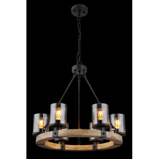 Závěsné svítidlo kov černý matný, dřevo tmavě hnědé, sklo kouřové barvy, kabel PVC černý, Ø:590 mm, V:980 mm, bez žárovek 6x E27 60W 230V