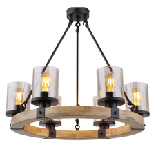 Závěsné svítidlo kov černý matný, dřevo tmavě hnědé, sklo kouřové barvy, kabel PVC černý, Ø:590 mm, V:980 mm, bez žárovek 6x E27 60W 230V