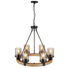 Závěsné svítidlo kov černý matný, dřevo tmavě hnědé, sklo kouřové barvy, kabel PVC černý, Ø:590 mm, V:980 mm, bez žárovek 6x E27 60W 230V