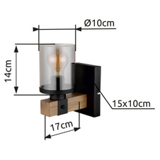 Nástěnné svítidlo kov černý matný, dřevo tmavě hnědé, sklo kouřové, DxŠxV:100x225x170mm, bez žárovky 1x E27 60W 230V