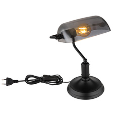 Stolní lampa, kov černý matný, sklo kouřové, kabel PVC černý, kolébkový vypínač na kabelu, DxŠxV:250x160x320mm, délka kabelu 1500mm, bez žárovky 1xE27, max. 60W 230V