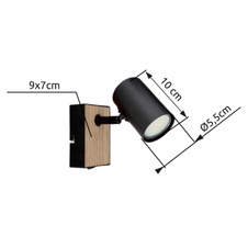 Nástěnné svítidlo kov černý matný, MDF, imitace tmavého dřeva, kolébkový vypínač na výrobku, ŠxV:70x100mm, H:135mm, bez 1x GU10 35W 230V