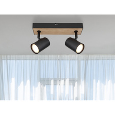 Nástěnné svítidlo kov černý matný, MDF, imitace tmavého dřeva, DxŠxV:260x60x135mm, bez žárovek 2xGU10 35W 230V