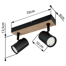 Nástěnné svítidlo kov černý matný, MDF, imitace tmavého dřeva, DxŠxV:260x60x135mm, bez žárovek 2xGU10 35W 230V