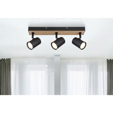 Stropní svítidlo kov černý matný, MDF, imitace tmavého dřeva, DxŠxV:410x60x135mm, bez žárovek 3xGU10 35W 230V