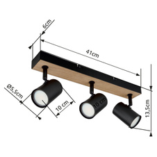 Stropní svítidlo kov černý matný, MDF, imitace tmavého dřeva, DxŠxV:410x60x135mm, bez žárovek 3xGU10 35W 230V