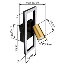 Nástěnné svítidlo kov černý matný, kov mosaz matná, plast bílý, ŠxV:130x350mm, H:150mm, včetně LED 12W 230V, 1400lm zdroj, 700lm výstup, 3000K, bez 1xGU10 LED 5W 230V