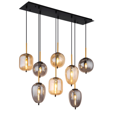 Závěsné svítidlo kov černý mat, mosaz mat, sklo kouřové, jantarové, kabel PVC černý, 4 různé tvary skla a 2 barvy, DxŠxV:1025x340x1200mm, bez žárovek 8x E14 40W 230V