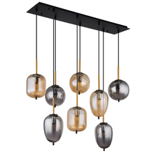 Závěsné svítidlo kov černý mat, mosaz mat, sklo kouřové, jantarové, kabel PVC černý, 4 různé tvary skla a 2 barvy, DxŠxV:1025x340x1200mm, bez žárovek 8x E14 40W 230V