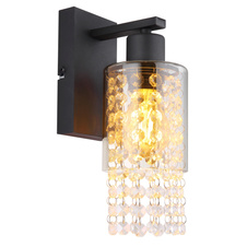 Nástěnné svítidlo, kov černý matný, sklo kouřové, skleněné krystaly čiré, směr světla dolů, ŠxV:100x270mm, H:150mm, bez žárovky 1xE27 40W 230V