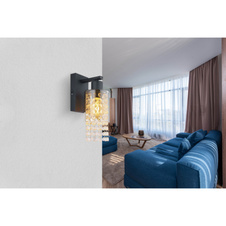 Nástěnné svítidlo, kov černý matný, sklo kouřové, skleněné krystaly čiré, směr světla dolů, ŠxV:100x270mm, H:150mm, bez žárovky 1xE27 40W 230V