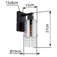Nástěnné svítidlo, kov černý matný, sklo kouřové, skleněné krystaly čiré, směr světla dolů, ŠxV:100x270mm, H:150mm, bez žárovky 1xE27 40W 230V