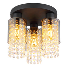 Stropní svítidlo kov černý matný, sklo kouřové, skleněné krystaly čiré, Ø:280mm, V:260mm, bez žárovek 3xE27 40W 230V