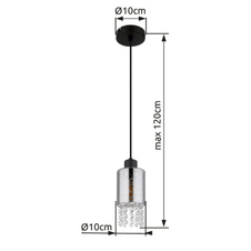 Závěsné svítidlo kov černý matný, sklo kouřové, sklo krystaly čiré, kabel PVC černý, Ø:100mm, V:1200mm, bez žárovky 1xE27 40W 230V