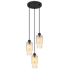 Závěsné svítidlo kov černý matný, sklo kouřové, sklo krystaly čiré, kabel PVC černý, Ø:250mm, V:1200mm, bez žárovek 3xE27 40W 230V