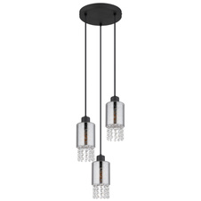 Závěsné svítidlo kov černý matný, sklo kouřové, sklo krystaly čiré, kabel PVC černý, Ø:250mm, V:1200mm, bez žárovek 3xE27 40W 230V