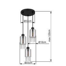 Závěsné svítidlo kov černý matný, sklo kouřové, sklo krystaly čiré, kabel PVC černý, Ø:250mm, V:1200mm, bez žárovek 3xE27 40W 230V