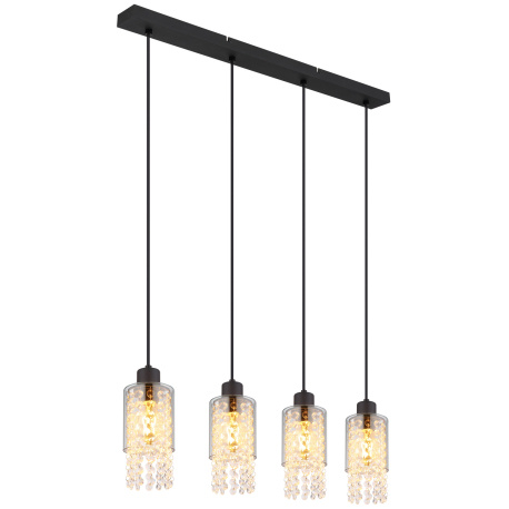 Závěsné svítidlo kov černý matný, sklo kouřové, sklo krystaly čiré, kabel PVC černý, DxŠxV:730x100x1200mm, bez žárovek 4xE27 40W 230V