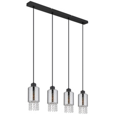 Závěsné svítidlo kov černý matný, sklo kouřové, sklo krystaly čiré, kabel PVC černý, DxŠxV:730x100x1200mm, bez žárovek 4xE27 40W 230V