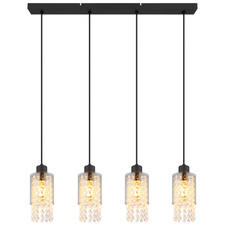 Závěsné svítidlo kov černý matný, sklo kouřové, sklo krystaly čiré, kabel PVC černý, DxŠxV:730x100x1200mm, bez žárovek 4xE27 40W 230V