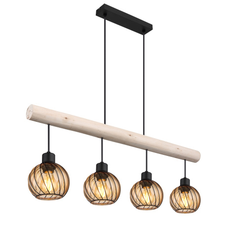 Závěsné svítidlo kov černý matný, přírodní dřevo, sklo jantarové barvy, kabel PVC černý, výškově nastavitelné, DxŠxV:820x130x1200mm, bez žárovek 4xE27 15W 230V
