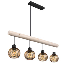 Závěsné svítidlo kov černý matný, přírodní dřevo, sklo jantarové barvy, kabel PVC černý, výškově nastavitelné, DxŠxV:820x130x1200mm, bez žárovek 4xE27 15W 230V