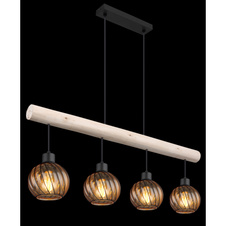 Závěsné svítidlo kov černý matný, přírodní dřevo, sklo jantarové barvy, kabel PVC černý, výškově nastavitelné, DxŠxV:820x130x1200mm, bez žárovek 4xE27 15W 230V