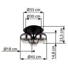 Stropní svítidlo kov černý matný, kouřové sklo, Ø450mm, V:255mm, bez žárovek 3xE27 40W 230V