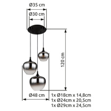 Závěsné svítidlo kov černý matný, kouřové sklo, kabel textil černý, Ø:480 mm, V:1200 mm, Ø:1x18, 1x24, 1x29cm, bez žárovek 3xE27 40W 230V