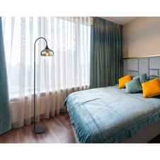 Stojací svítidlo kov černý matný, kouřové sklo, textilní kabel černý, vypínač na kabelu, DxŠxV:390x250x1500mm, délka kabelu 1800mm, bez žárovky 1xE27 40W 230V